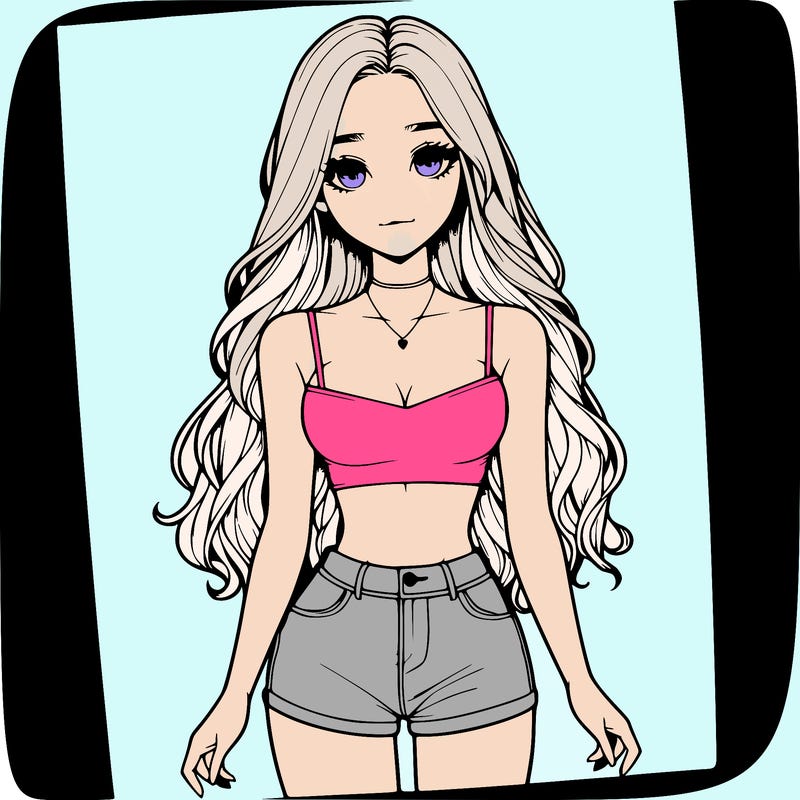 a realistic girl with long hair and in a crop top and shprts