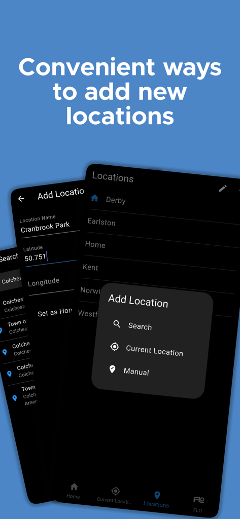 Clear Outside - Clear Outside app interface for adding and managing weather forecast locations