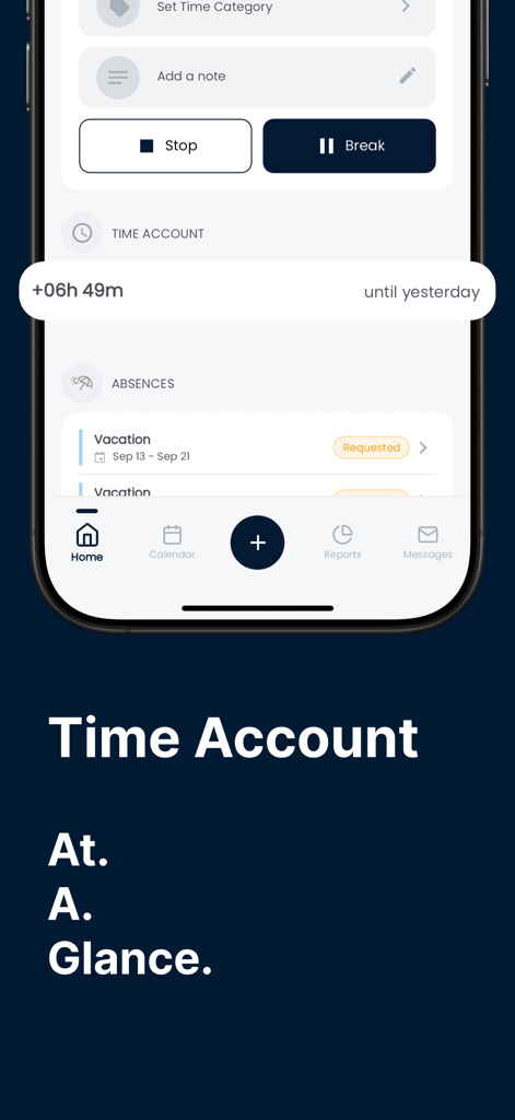 Crewmeister Time Tracking - Crewmeister mobile app dashboard showing time tracking controls and vacation request status