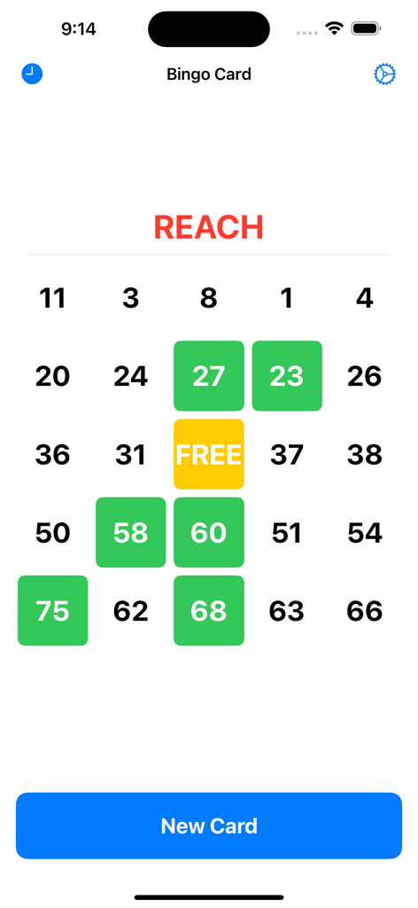 Bingo Card Creator - Digital bingo card on a mobile app showing marked numbers and a reach status indicator.