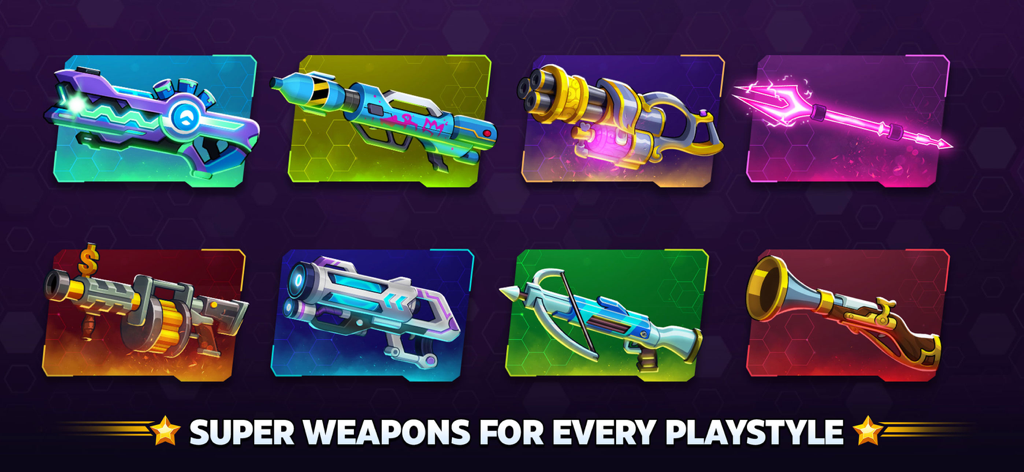 Battle Stars: 4v4 TDM & BR - Eine Präsentation von acht einzigartigen und farbenfrohen Superwaffen aus Battle Stars für verschiedene Spielstile.