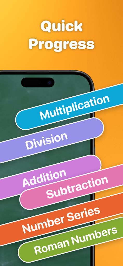Times Tables, Math: Artie PRO - Lista de categorías de matemáticas que incluyen multiplicación, división y números romanos en la pantalla de un teléfono inteligente.