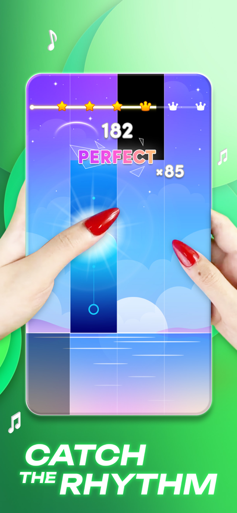 Piano 7: Tiles Music Games - Un joueur tapant sur des tuiles bleues lumineuses dans le jeu de musique Piano 7 avec un indicateur de score parfait.