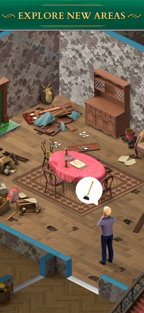 Un personaje está en una habitación desordenada lista para ser renovada en el juego móvil Coronation Street