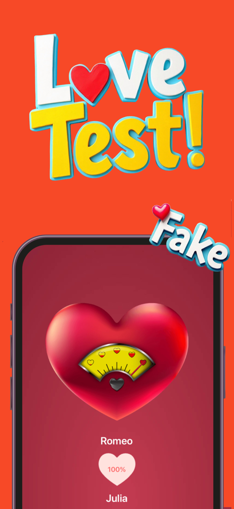 The Prank App - Funny Sounds - A fake love test screen showing a heart meter at one hundred percent