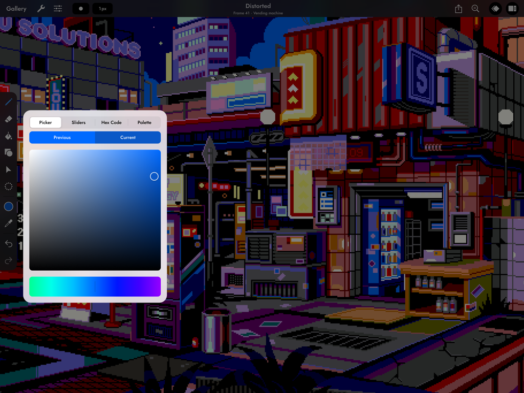 A cyberpunk pixel art city scene on iPad using the Pixaki 4 Pro color picker tool.