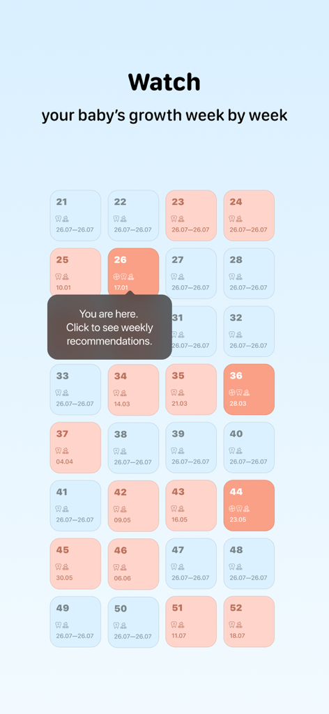 Baby Milestone Tracker Sprouty - 赤ちゃんの成長を週ごとに示すデジタルカレンダーグリッドに、週ごとの推奨事項のツールチップが表示されている様子