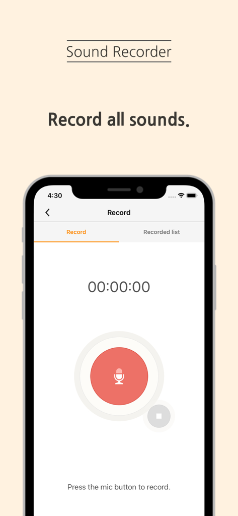 달보이스 - The Dalvoice app sound recorder screen showing a digital timer and a large red microphone button for recording audio