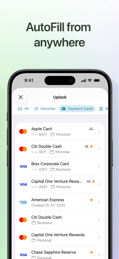 Uplock - Uplock app interface on an iPhone displaying a list of payment cards with the AutoFill feature active.