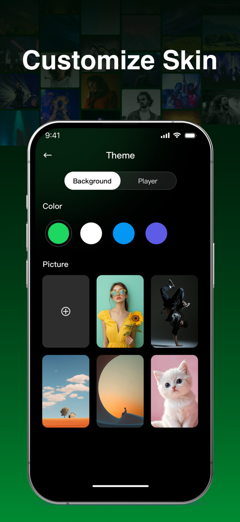 A mobile app interface showing theme customization options including various background colors and image skins for the music player.