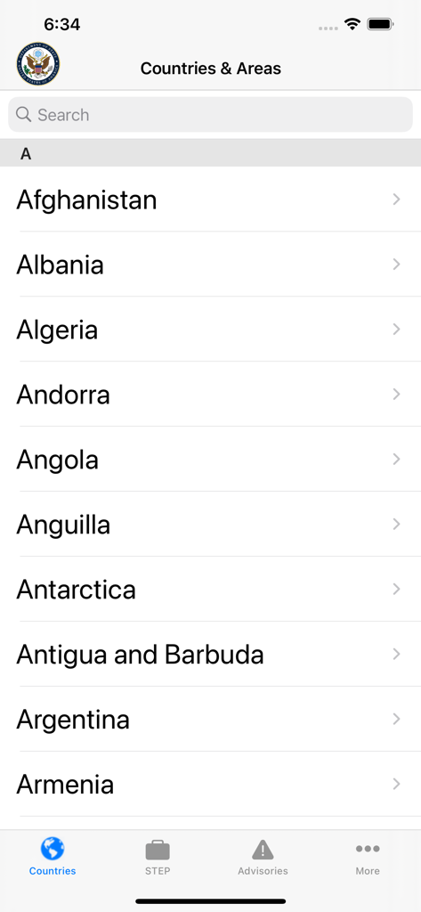 Smart Traveler - Alphabetical list of countries and search bar in the Smart Traveler app