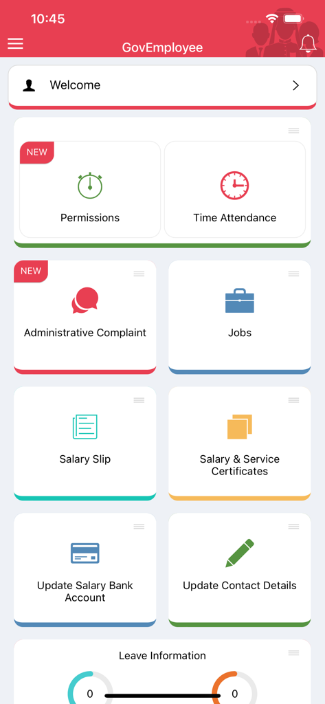 Panel principal de la aplicación móvil GovEmployee que muestra servicios para empleados como recibos de sueldo, asistencia de tiempo y vacantes de empleo.