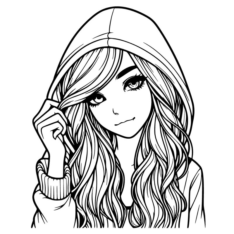realistic girl with long hair and a hoodie