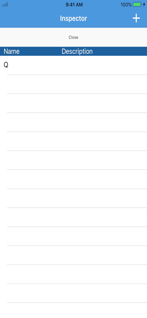 BeeTLe QUS - 이름과 설명 열이 있는 목록을 보여주는 BeeTLe QUS 앱의 검사기 화면