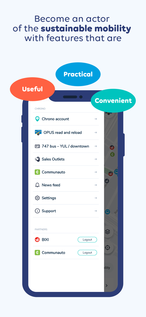 Pantalla del smartphone que muestra el menú de la aplicación Chrono con funciones de tránsito como la recarga de tarjetas OPUS y las integraciones con socios para BIXI y Communauto.