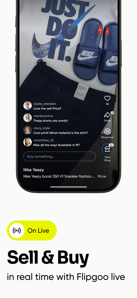Flipgoo - Buy & Sell - Flipgoo app interface featuring a live shopping stream with product showcase and interactive customer chat