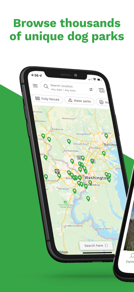 Sniffspot - Private Dog Parks - ワシントン地域のプライベートドッグパークの地図を示すSniffspotアプリインターフェイス。さまざまな検索フィルターが使用されている。