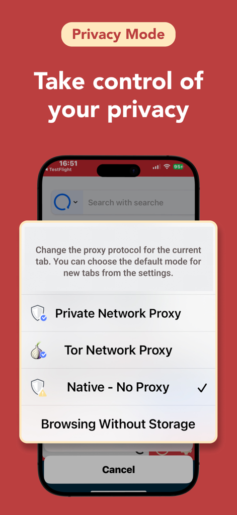 스위스 VPN 무료 앱 스크린샷으로 Tor 및 Private Network Proxy 옵션을 포함한 개인 정보 보호 모드 설정을 보여줍니다.