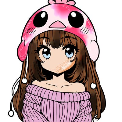 anime girl with chick shaped hat with sweater with bare shoulders with bangs covering them one eye with low tail
