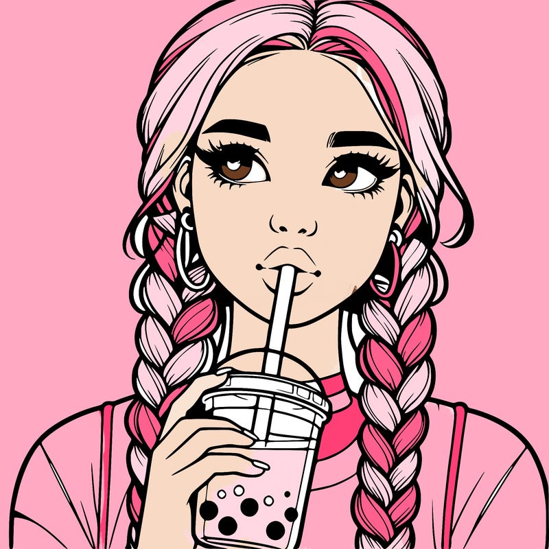 realistic girl with braided hair drinking boba