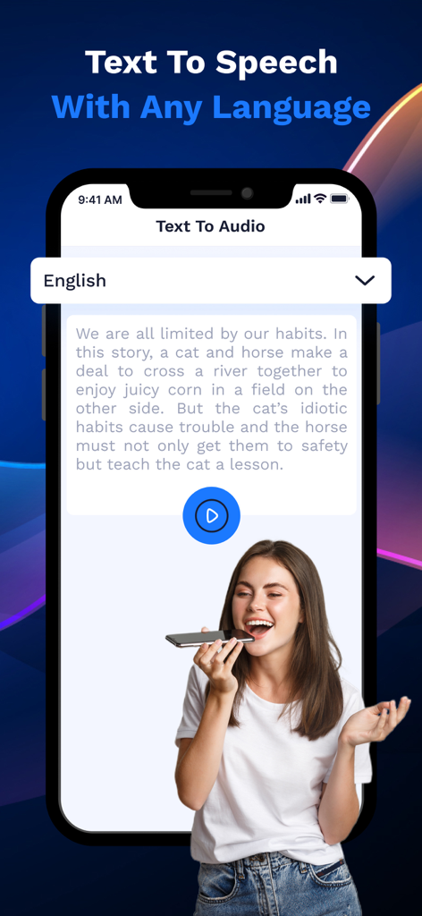 AI Voice Generator - Prankster - Interfaccia di un'app mobile che mostra la funzione di conversione testo in voce con selezione della lingua.