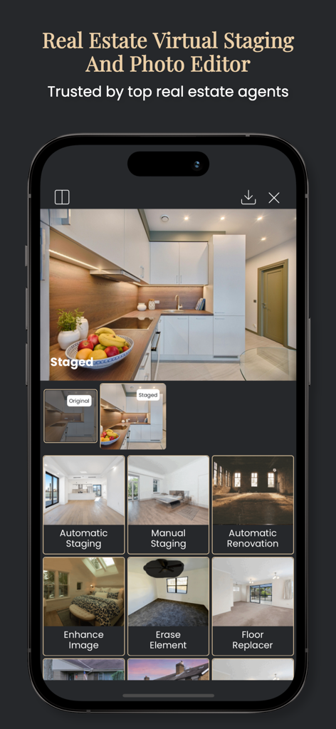 Stager AI mobile app showing virtual staging and photo editing features for real estate listings