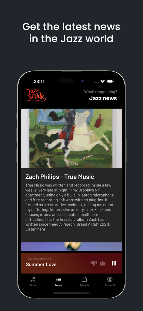 Jazz de Ville - The Jazz de Ville mobile app news feed showing an article about Zach Philips True Music on a smartphone screen.