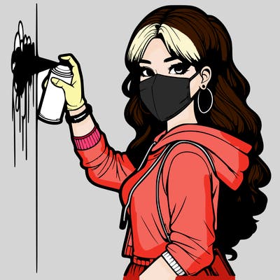 realistic girl with mask spray painting a wall