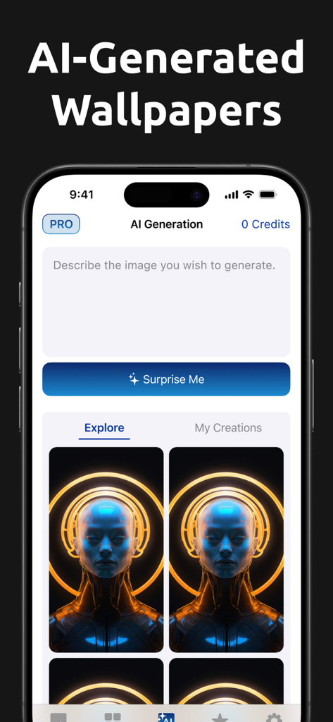 Wallpapers HD, 4K & Live - Captura de pantalla de la función de generación de fondos de pantalla IA mostrando la entrada de un prompt y vistas previas de estilo ciberpunk futurista