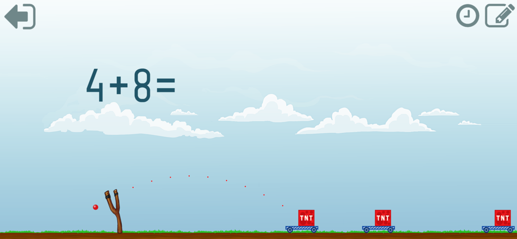 A math game screen showing the addition problem 4 plus 8 with a slingshot and TNT targets.