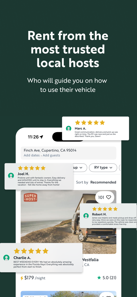 Outdoorsy - Rent an RV - Outdoorsy app screenshot showing five star host reviews and RV rental listings