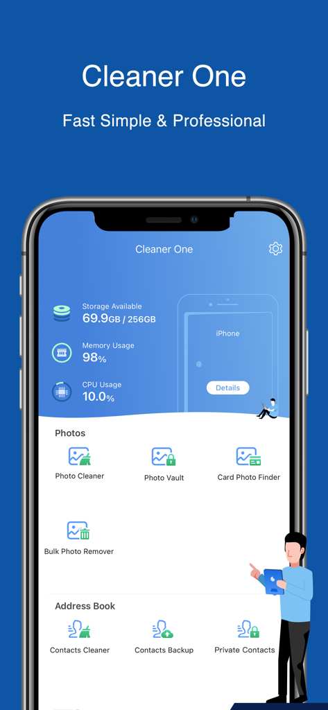 Cleaner One - Clean Storage - Cleaner One App-Dashboard mit Speicherverbrauchsanalysen und Tools zum Bereinigen von Fotos und Kontakten