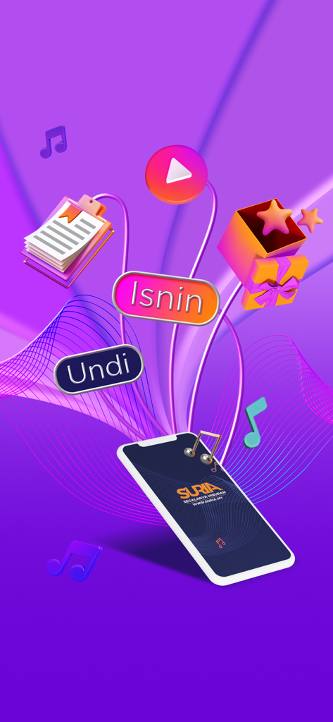 Suria Malaysia - Pantalla de la aplicación móvil Suria Malaysia con íconos flotantes en 3D para música, video y recompensas sobre un fondo morado