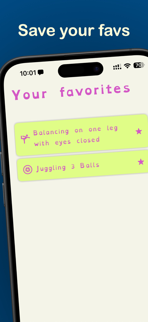 The favorites screen of the New Skills Everyday app showing saved exercises for balance and coordination.