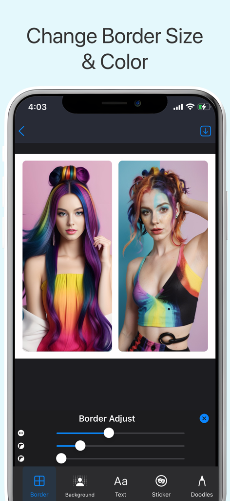 2枚の写真レイアウトのボーダーサイズと色を調整するスライダーが表示された、モバイルフォトコラージュアプリのインターフェース。