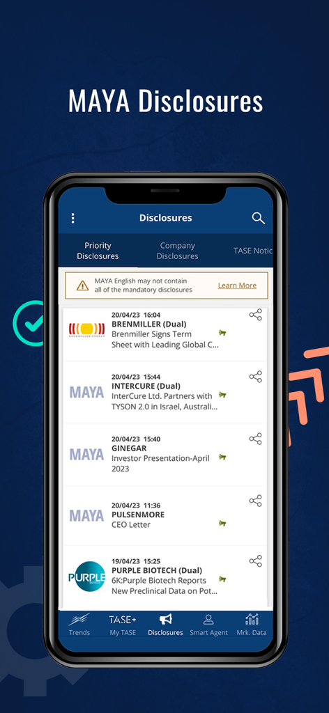 Tel Aviv Stock Exchange (TASE) - Official MAYA disclosures list on the Tel Aviv Stock Exchange mobile app.