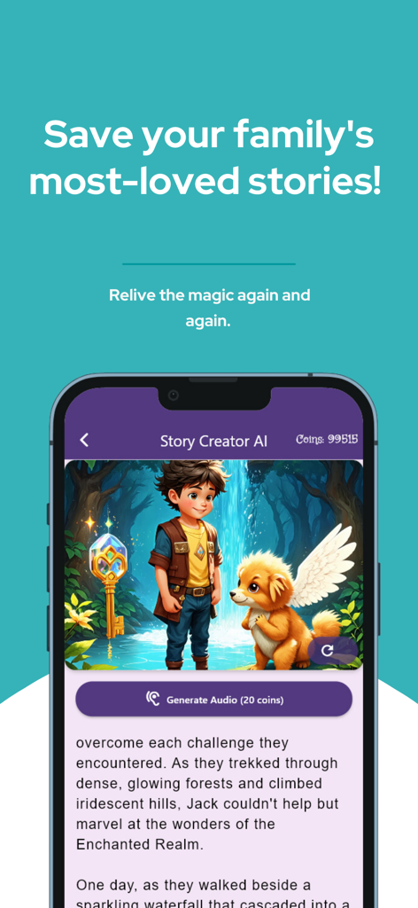 Storybook AI: Bedtime stories - A mobile app screen for Storybook AI showing an illustrated bedtime story about a boy and a winged animal in a forest.
