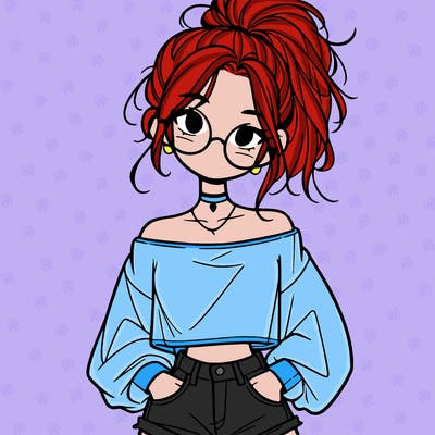 girl with a messy ponytail glasses a baggy crop top and jean shorts