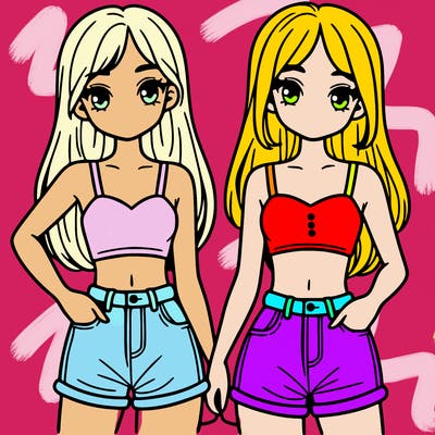 two sisters with crop tops and jean shorts and straight hair