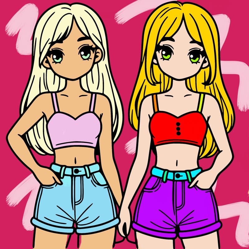 two sisters with crop tops and jean shorts and straight hair
