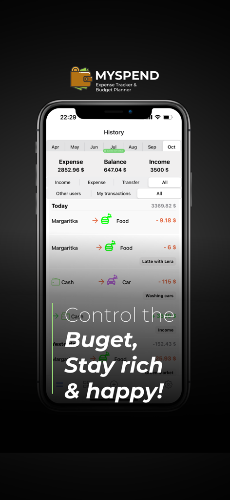 MySpend: Shared Budget Tracker - MySpend app history screen showing monthly expenses, balance, and income with a list of daily transactions.