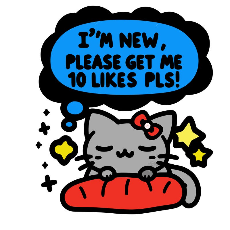kitty taking a nap dream talking and saying "i'm new, please get me at least 10 likes pls!!"