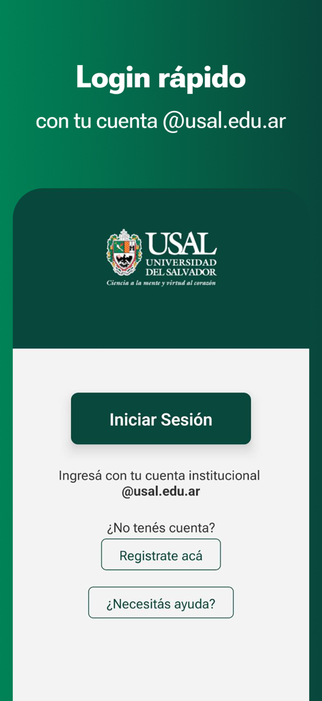 USAL Universidad del Salvador - Login screen for the USAL Universidad del Salvador app featuring a sign in button for institutional student accounts