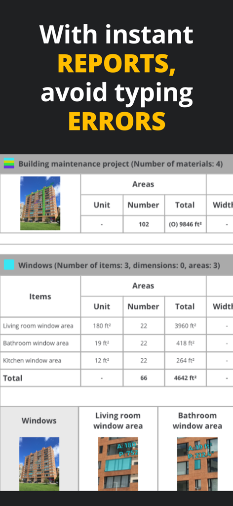 MIDDELO Facade Measuring Tool - A digital report from the MIDDELO app showing detailed window and building facade area measurements to prevent manual typing errors.