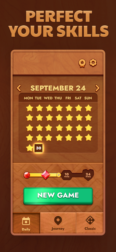 Woodoku - Wood Block Puzzles - Interfaccia del gioco Woodoku che mostra il calendario dei puzzle giornalieri e il tracker dei progressi