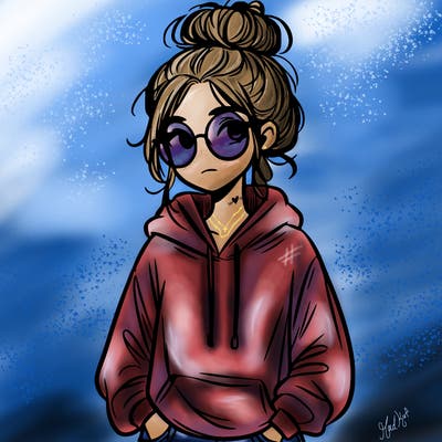 teen girl with a messy bun and glasses wearing a loose hoodie and jeans
