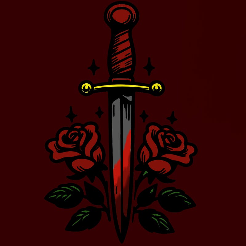 dagger in upright position with roses in front