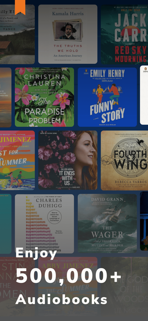 Audiobooks.com: Get audiobooks - A grid of popular audiobook covers featuring bestsellers and new releases from the Audiobooks.com library.