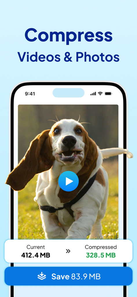 Cleaner GO - Storage Cleanup - Interface of Cleaner GO app demonstrating video compression to save 83.9 MB of iPhone storage