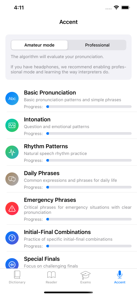Chinese - Mandarin Language - Mandarin accent practice screen showing categories for pronunciation and intonation.